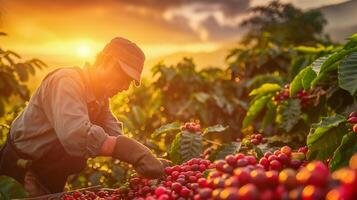 ai generato un' uomo raccolta caffè fagioli a tramonto foto