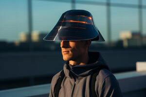 ai generato urbano uomo nel protettivo solare cappello su urbano strada. creare ai foto
