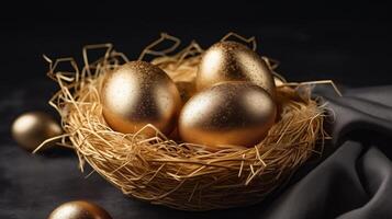 ai generato d'oro uova nel il nido. foto