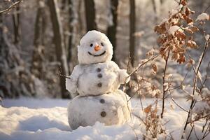 ai generato allegro pupazzo di neve inverno soleggiato. creare ai foto