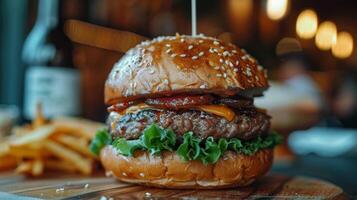 ai generato classico Hamburger con formaggio, lattuga, pomodoro, e cipolla foto