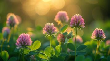 ai generato avvicinamento di trifoglio nel luce del sole. primavera sfondo. foto