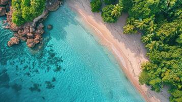 ai generato aereo Visualizza di tropicale spiaggia e laguna foto