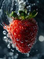 ai generato avvicinamento un' di maturo 1 fragola, con acqua goccioline, caduta in un' in profondità nero acqua cisterna, subacqueo fotografia, contrasto aumento, naturale luce del sole filtraggio attraverso acqua foto