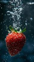 ai generato avvicinamento un' di maturo 1 fragola, con acqua goccioline, caduta in un' in profondità nero acqua cisterna, subacqueo fotografia, contrasto aumento, naturale luce del sole filtraggio attraverso acqua foto