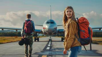 ai generato tutti e due femmina e maschio turisti in piedi dietro a un' Jet aereo su il pista di decollo come il aereo accelera lontano a partire dal il pista di decollo foto