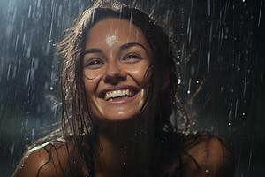 ai generato ammollo sorridente donna pioggia. creare ai foto