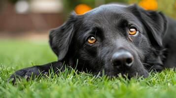 ai generato cane posa nel erba foto