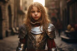 ai generato medievale cavaliere bambino ragazza. creare ai foto