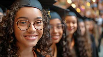 ai generato gruppo di donne nel la laurea caps e abiti foto