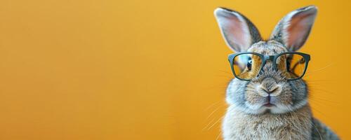 ai generato Pasqua coniglietto indossare occhiali su giallo sfondo con copia spazio. foto