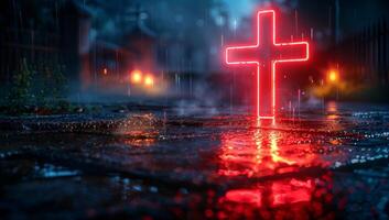 ai generato raggiante rosso attraversare su bagnato strada a notte. cristiano simboli. foto