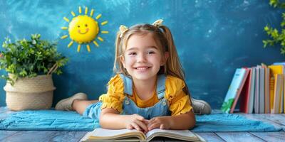 ai generato sorridente giovane ragazza lettura libro con sole e fiore arredamento. concetto di infanzia formazione scolastica, apprendimento, e immaginazione. foto