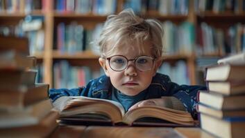 ai generato focalizzata giovane ragazzo lettura libro circondato di libri nel biblioteca. concetto di presto infanzia formazione scolastica, alfabetizzazione, e intellettuale sviluppo. foto