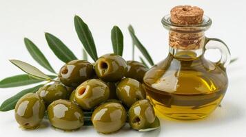 ai generato bottiglia di oliva olio Il prossimo per mucchio di olive foto