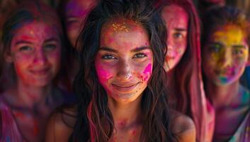 ai generato ritratto di un' bellissimo giovane donna coperto con holi dipingere. foto