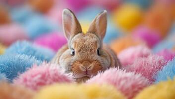 ai generato adorabile coniglietto annidato nel morbido, colorato Pasqua uova e lanugine foto