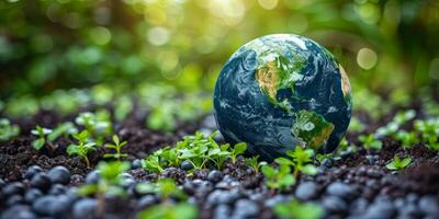 ai generato vicino su di un' globo con verde germogli in crescita a partire dal suolo. ecologia e ambiente concetto. foto