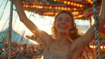 ai generato contento giovane donna avendo divertimento su un' giostra a tramonto foto