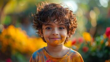 ai generato ritratto di un' contento bambino coperto nel colorato polvere dipingere durante il holi Festival nel India. foto