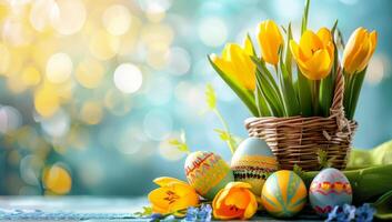 ai generato contento Pasqua sfondo con tulipani e Pasqua uova. saluto carta con cestino pieno di colorato Pasqua uova e primavera fiori. copia spazio foto