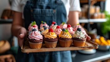 ai generato donna Tenere vassoio di delizioso cupcakes con fresco frutti di bosco e frustato crema. dolce forno tratta, fatti in casa pasticcini e dolci. foto