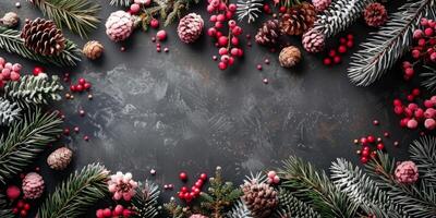 ai generato Natale sfondo con abete rami, coni e frutti di bosco. superiore Visualizza con copia spazio foto