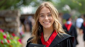 ai generato donna nel la laurea toga Tenere libro foto