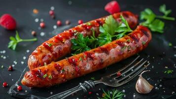 ai generato grigliato salsiccia su griglia con mirtillo salsa foto