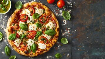 ai generato avvicinamento di Pizza con pomodori e basilico foto