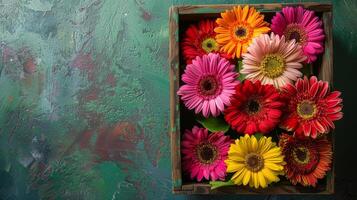 ai generato colorato fiori nel di legno scatola foto