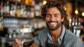 ai generato uomo nel smoking Tenere Martini bicchiere foto