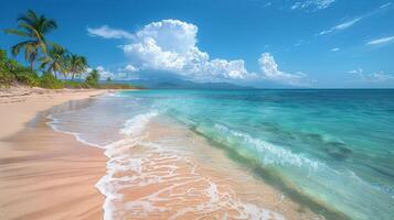 ai generato tropicale spiaggia con palma alberi e chiaro blu acqua foto