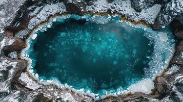 ai generato aereo Visualizza di blu buco circondato di ghiaccio foto