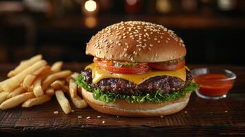 ai generato hamburger al formaggio con patatine fritte su di legno tavolo foto