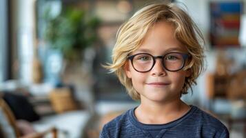 ai generato giovane ragazzo nel bicchieri di mattone parete foto