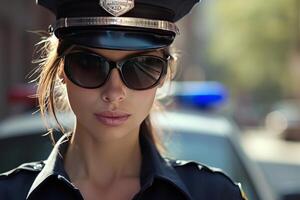 ai generato elegante africano americano polizia donna nel occhiali da sole. creare ai foto