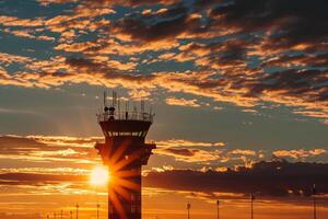 ai generato tranquillo aeroporto controllo Torre tramonto. creare ai foto