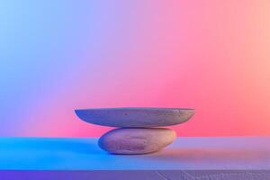 ai generato tranquillo equilibrio di Due pietre contro un' vivace rosa e blu fondale foto
