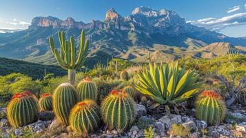 ai generato deserto paesaggio con cactus e montagne foto