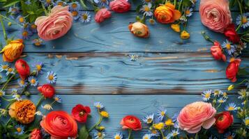 ai generato colorato fiori disposte su tavolo foto