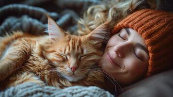 ai generato donna addormentato con gatto foto