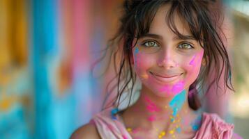 ai generato donna con rosa e blu viso dipingere foto