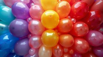 ai generato riga di multicolore palloncini su bianca sfondo foto