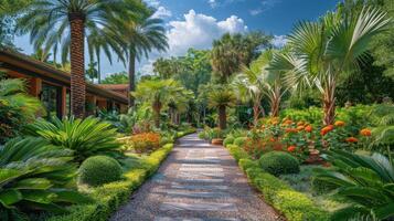 ai generato tropicale giardino sentiero con palma alberi foto