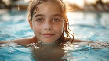 ai generato giovane ragazza nuoto nel un' piscina foto