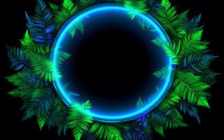 ai generato verde e blu neon leggero con tropicale foglie, tropicale foglia nel neon colori foto