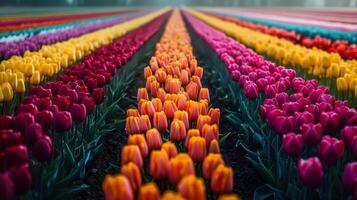 ai generato colorato righe di tulipani nel un' campo foto