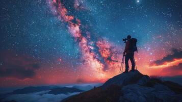 ai generato persona in piedi su montagna, guardare a cielo foto