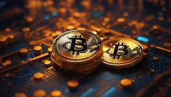 ai generato bitcoin criptovaluta digitale i soldi d'oro moneta tecnologia e attività commerciale concetto foto